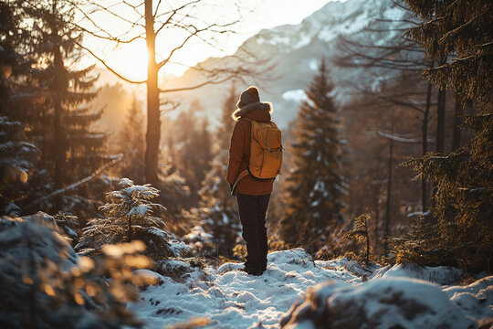 Generative AI back view image of an anonymous person in a jacket, beanie and backpack hiking in a winter forest covered in snow and surrounded by trees during sunset