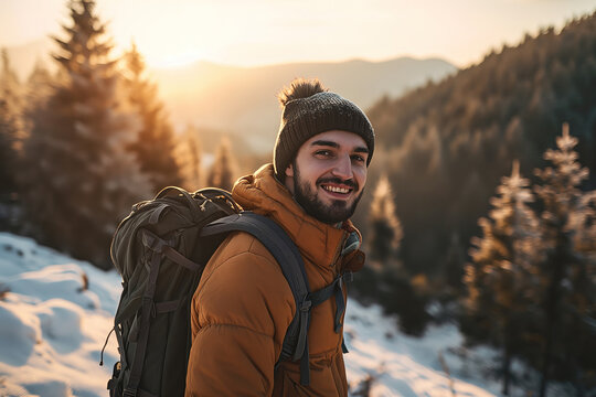 Generative AI side view image of a smiling man with a backpack in outwear in a winter snowy forest at sunset surrounded by trees