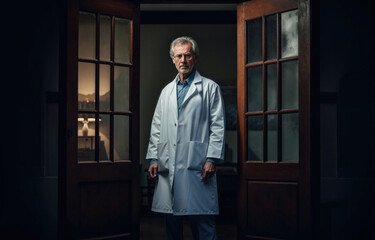 Experienced doctor standing confidently in doorway. Generative AI image