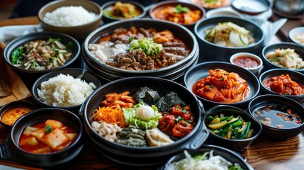 A vibrant array of Korean dishes served in black bowls, featuring kimchi, rice, and various banchan, showcasing the diversity of flavors