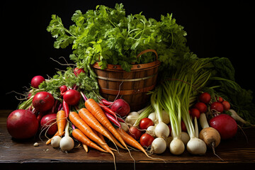 A close-up of neatly arranged carrots, radishes, and celery sticks, presenting a symphony of earthy tones in a visually appealing composition.