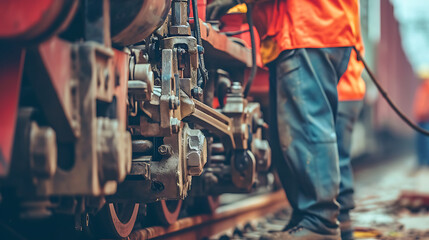 Um close-up de engenheiros realizando manutenção em uma locomotiva ferroviária exibindo a expertise técnica necessária na indústria de transporte