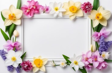 Frame of flowers on white marble background with blank space for text. Top view, flat lay.