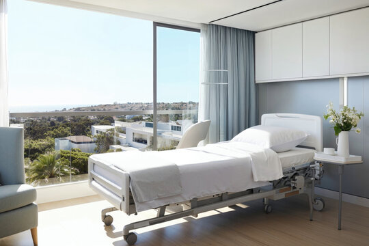 Modern hospital room with scenic view. Generative AI image
