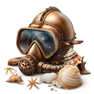 Underwater exploration: diving helmet and seashells isolated on white background, realistic, png
