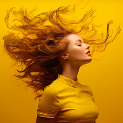 Fototapeta na wymiar Woman with hair flying on yellow background.