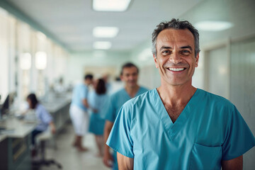 Smiling male nurse with colleagues in hospital corridor. Generative AI image