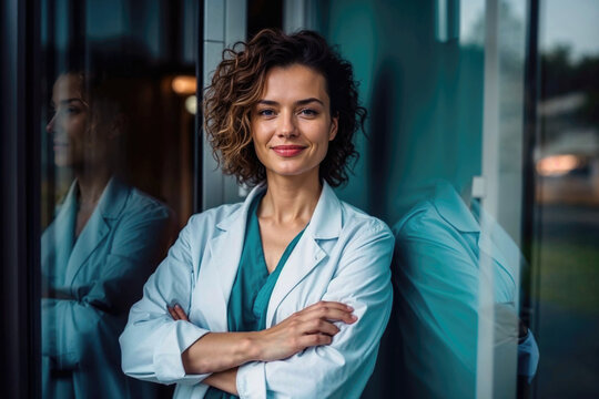 Confident female doctor posing with crossed arms. Generative AI image