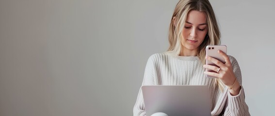 professional woman using smartphone using laptop while online shopping. generative AI - obrazy, fototapety, plakaty