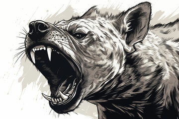 Close-up of the head of a hyena angry ferocious and mean ready to attack roar angry black and white illustrated hand drawn wild animal in monochrome style ai, generative, generative ai - obrazy, fototapety, plakaty