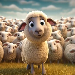 Portrait of a cute sheep on the field. On a beige background. Generative Ai