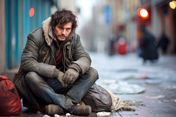 A disheveled homeless man sits on the city street, exuding a sense of despair.