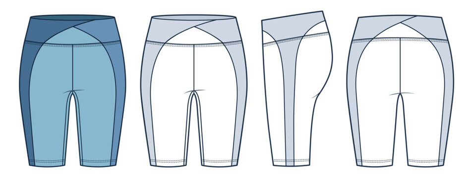 Cycling Shorts fashion flat technical drawing template. Short Leggings technical fashion illustration, front, side, back view, white, blue, women, men, unisex Active wear CAD mockup set.