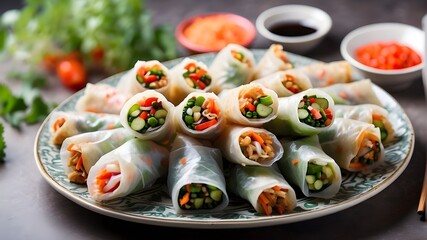 A platter of colorful vegetables spring rolls neatly arranged and ready to be enjoyed thai dessert in the temple