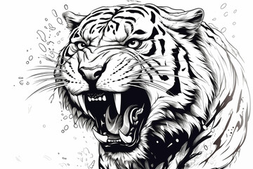 Close up of the head of a snow white tiger angry ferocious and mean ready to attack roar angry black and white illustrated hand drawn wild animal in monochrome style ai, generative, generative ai - obrazy, fototapety, plakaty
