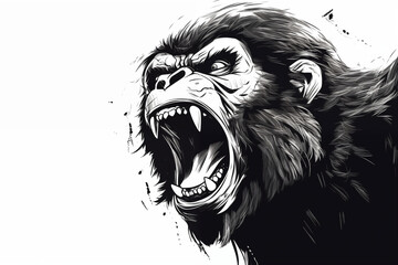 Close up of the head of a monkey ape angry ferocious and mean ready to attack roar angry black and white illustrated hand drawn wild animal in monochrome style ai, generative, generative ai - obrazy, fototapety, plakaty