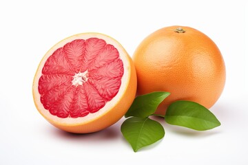 a bunch of several grapefruits with leaves isolated on a white background. halves and whole pink citrus fruits.