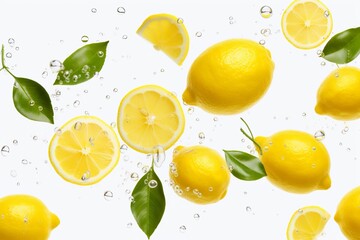 lemons on a white background. juicy citrus yellow fruits with green leaves.