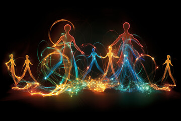 Abstract multi-colored luminescent silhouettes of dancers on a black background. Fractal of human body with fire flames - obrazy, fototapety, plakaty
