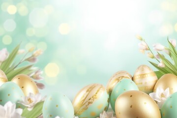 Pastel colors painted and gold Easter eggs on soft spring green background for festive celebrations, copyspace for text