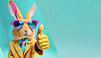 osterhase, thumbs, up, replace, spaß, close up, hintergrund, copy space, werbefläche, sonnenbrille, türkis, gelb, pink, hase, ostern, karte, frohe - obrazy, fototapety, plakaty
