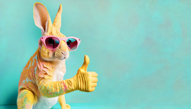 osterhase, bunny, ostern, thumbs, up, neu, reklame, spa&szlig;, close up, hintergrund, copy space, werbefl&auml;che, sonnenbrille, t&uuml;rkis, gelb, pink, hase, karte, frohe