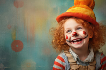 curly red-haired girl with a clown nose, April 1st, April Fools Day, funny clown in a clown hat, circus performer, happy child - obrazy, fototapety, plakaty