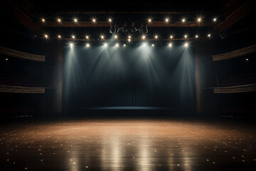 An empty theater stage illuminated by spotlights before a performance. on a bright background - obrazy, fototapety, plakaty