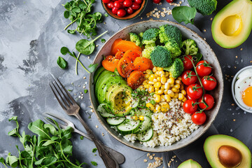 Healthy salad bowl with quinoa, avocado, chickpeas, tomatoes, cucumber, corn and spinach, Generative Ai