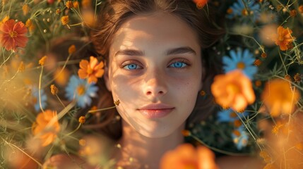 A top view shot of a gorgeous lady laying in a field of flowers with vibrant colors, golden hour, charming eyes, dreamlike. calm and cozy face expression