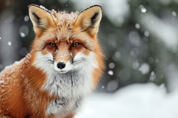 Fototapeta premium Snowy red fox looking aat camera in winter nature, copy space for a text