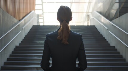A professional businesswoman in formal attire stands at the base of a large, daunting staircase, symbolizing the significant challenges and obstacles women face in the corporate world - obrazy, fototapety, plakaty