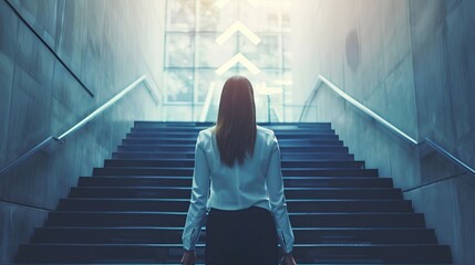 A professional businesswoman in formal attire stands at the base of a large, daunting staircase, symbolizing the significant challenges and obstacles women face in the corporate world
