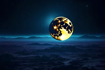 Verduisterende rolgordijnen zonder boren Volle maan en bomen Moon in night on sea