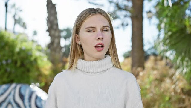 A young caucasian woman with blonde hair and blue eyes wears a white sweater outdoors surrounded by greenery.