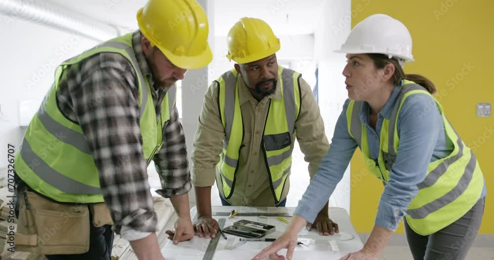 Aufkleber engineering, floor plan and people with teamwork for construction site ideas, planning or building d