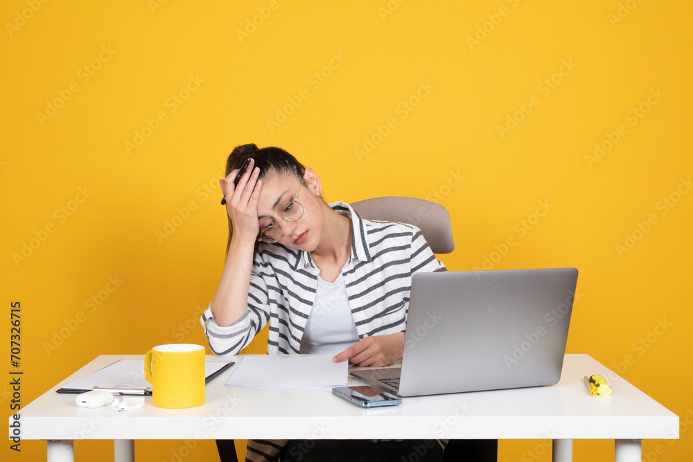 Canvas Prints tired businesswoman, portrait of caucasian tired businesswoman. sit at office desk, hold forehead. w