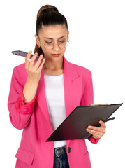 Recording voice message, beautiful caucasian brunette businesswoman recording voice message. Office...