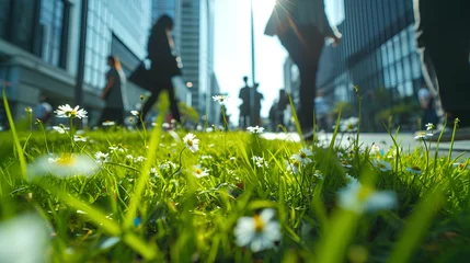 Foto op Aluminium A lush urban green space flourishes with vibrant wildflowers, showcasing biodiversity amidst the concrete jungle of a bustling city center. © TensorSpark