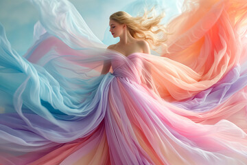 An artistic fashion portrait showcasing a beautiful young woman draped in a flowing gown of soft light pastel colors