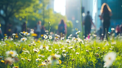 A lush urban green space flourishes with vibrant wildflowers, showcasing biodiversity amidst the concrete jungle of a bustling city center. - obrazy, fototapety, plakaty