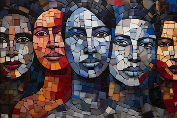 Mosaic wall with faces of people. Front view. Diverse ethnicities concept