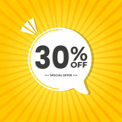 30% off. Discount vector for sales, labels, promotions, offers, stickers, banners, tags and web stickers. New offer. White discount balloon emblem on yellow background.