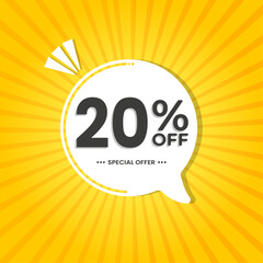 20% off. Discount vector for sales, labels, promotions, offers, stickers, banners, tags and web stickers. New offer. White discount balloon emblem on yellow background.