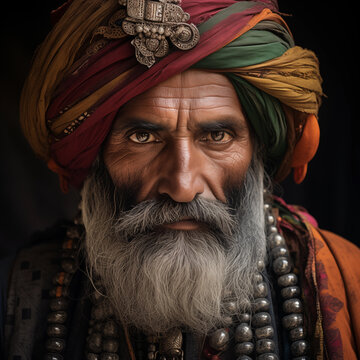 Portrait of a sadhu with a thick beard wearing a traditional turban on a black background