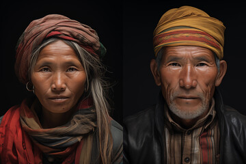 Portrait of an old Asian man and woman in a headscarf. Diverse ethnicities portrait - obrazy, fototapety, plakaty