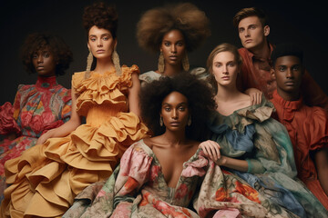 Fashion shot of a group of different ethnic women and men posing in studio.