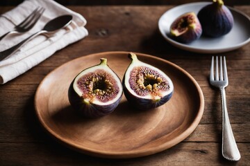 open fig with fork and napkin on rustic wooden table
