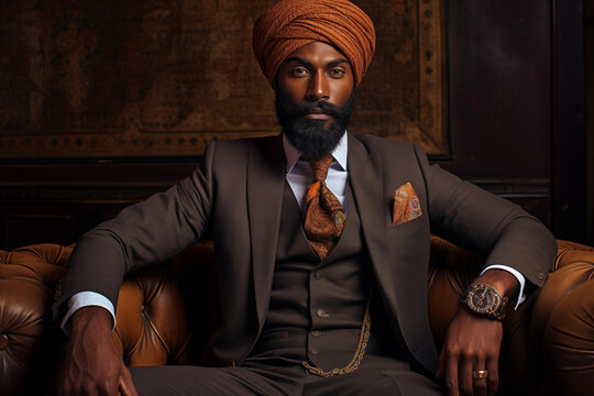 Portrait of a handsome Indian man in a turban and suit sitting in a leather chair.