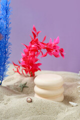 Decorative plaster podiums, seaweed and starfishes in sand on purple background